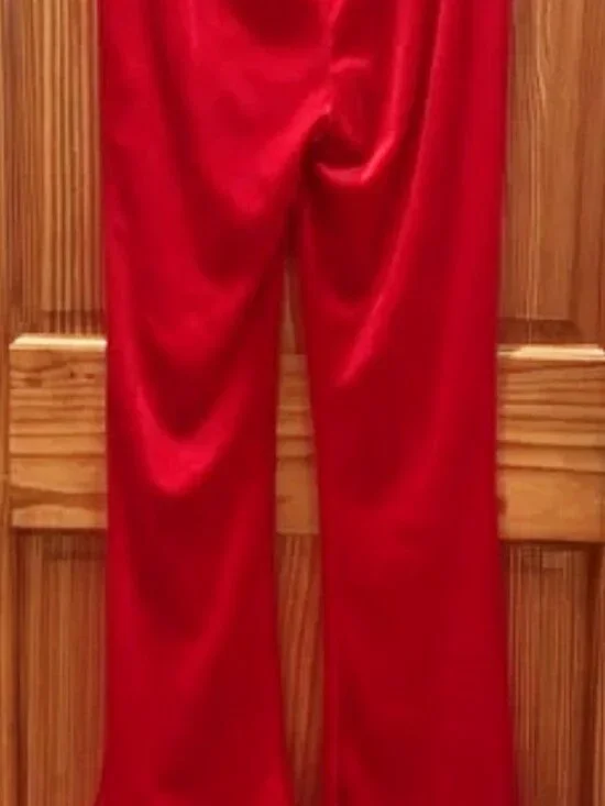 Red Lace Up Velvet Bell Bottom Pants - Picture 5 of 5